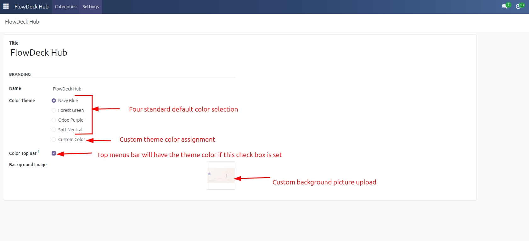 FlowDeck branding settings for themes top bar color and custom background image
